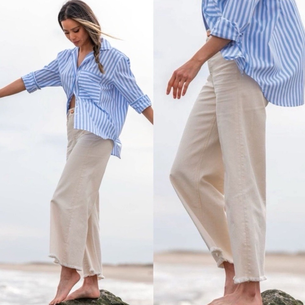 Ayr The Must Wide Leg High Rise Jeans Cream Ecru Fringe Ankle Pants 25